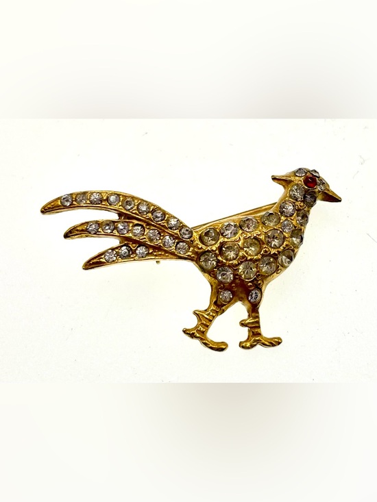 Vintage Jewelry - Vintage Rhinestone Bird Gold Tone Brooch Red Eye Figural Mid Century Pin